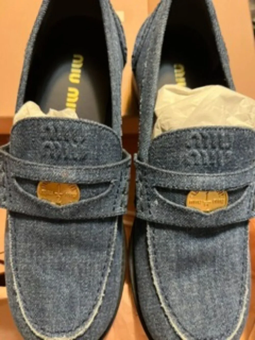 NWT Miu Miu Denim Coin Penny Loafers Pristine inc. Box, Dustbag Size 38 (7 1/2)